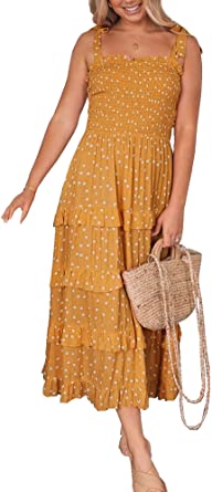 R.Vivimos Women's Summer Straps Cotton Irregular Polka Dot Ruffles Midi Dress