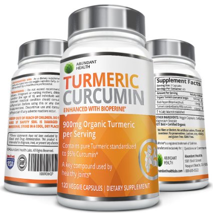 Organic Turmeric Curcmin with Bioperine and 95 Curcuminoids - 900mg Organic Turmeric per Serving - 120 Veggie Capsules - Non-GMO Made in the USA