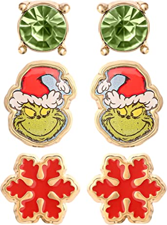 Dr. Seuss The Grinch Womens Earrings 3-Pack - Red and Green Stud Earrings with The Grinch Earrings - Christmas Jewelry, Officially Licensed