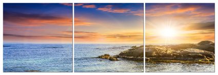 Pyradecor Sunrise Modern Stretched and Framed Seascape 3 panels Giclee Canvas Prints Sea Beach Artwork Landscape Pictures Paintings on Canvas Wall Art Ready to Hang for Home Decor