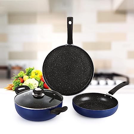 Cello Regal 3 Piece Cookware Set, Induction and Gas Compatible, Metallic Blue | Dosa Tawa, Fry Pan and Kadhai Set | Cookware Set for Kitchen