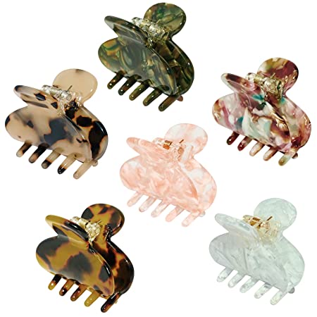 Fani Small Hair Claw for Women, Hair Clips for Thin Medium Hair, Tortoise Barrettes Acrylic Hair Jaw Clips No-Slip Grip Size 1.6 Inch Hair Claw Clips French Design Leopard Print (6 Packs, Assorted Color)