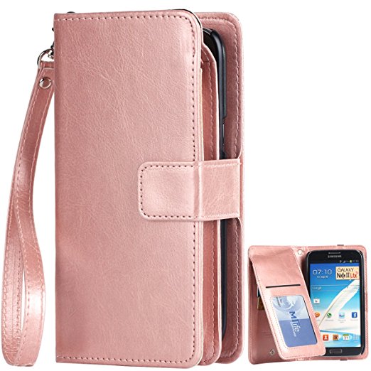 Note 2 Case, Note 2 Wallet Case, BENTOBEN [9 Card Slots] PU Leather Flip Folio Wallet Case Money Pocket with Wristlet Protective Case for Samsung Galaxy Note 2 II N7100, Rose Gold