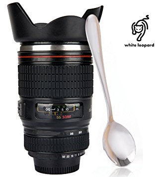 Whiteleopard Camera Lense Coffee Mug –13.5 oz Cup for Coffee or Tea- Stainless Steel Spoon Bonus
