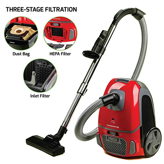 Ovente Canister Vacuum with Tri-Level Filtration ST1600 Series:Dust Bag, Outlet HEPA Filter, and Inlet Filter, 1400W, Energy-Saving Variable Suction, 1.5M Crush-Proof Hose, Automatic Cable Rewind,Red