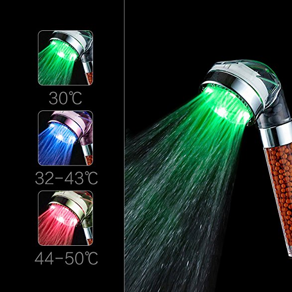 LED Shower Head, Negative Ionic Double Filter Removes Heavy Metals, Chlorine, Bacteria and Impurities, emperature Sensor 3 Color Changing, ICFPWR LED Handheld Shower Head [Large]