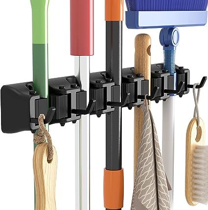 Lifewit Mop and Broom Holder Wall Mount, Anti-Slip Broom Hanger for Kitchen Organization, Heavy Duty Cleaning Supplies Organizer, Easy Install Tool Organizer for Closet, Garage, 5 Slot 6 Hooks, Black