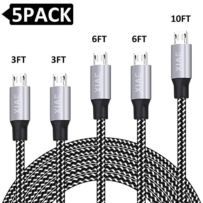 Micro USB Cable,XIAE 5Pack (3/3/6/6/10FT) Nylon Braided Fast Charging Cable Aluminum Housing USB Charger Android Cable for Samsung Galaxy S7 Edge S6 S5,Android Phone,LG G4,HTC and More-Black&White