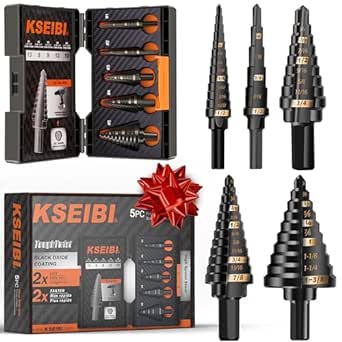 KSEIBI 598240 Industrial Grade Unibit 5-Pieces Step Drill Bits Set 3-Flat Shank, High-Speed Steel Metal Drill Bits Kit Black Oxide M2 for Drilling Stainless Steel, Aluminium, Wood