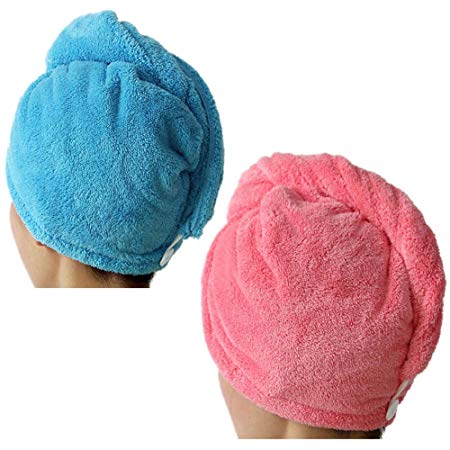 Lesirit Microfiber Hair Drying Towel with Button Ultra Absorbent Twist Hair Turban Quick Drying Cap Hair Wrap Pack of 2 (A)