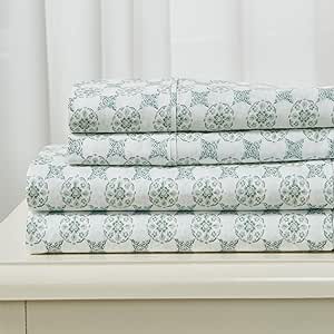 Vintage Comfort 100% Cotton Percale Queen Bed Sheets| Green Floral Printed, 4 Piece Cotton Percale Sheet Set | Lightweight, Breathable, Crisp Sheets (Queen, White/Green - Leece Print)