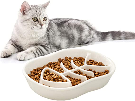 Ceramic Slow Feeder Cat Dog Bowls - Unique Fishbone Fun Interactive Design Feeder Bowl,Preventing Pet Feeder Anti Gulping Healthy Eating Diet Pet Bowls Against Bloat,Indigestion and Obesity (White)