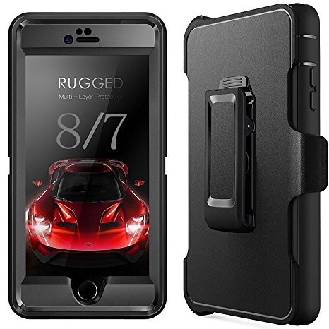 iPhone 7 Case, iPhone 8 Case, Ptuna Defender 4 in 1 Heavy Duty Drop Protection Hard Cover Shock Absorption with Tempered Glass Screen Protector   Belt-Clip Kickstand for Apple iPhone 7/8 (Black)