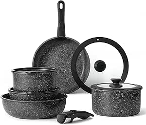 CAROTE 11pcs Pots and Pan Set, Nonstick Cookware Sets with Detachable Handle, Induction Kitchen Sets, Removable Handle, RV Oven Safe, Black