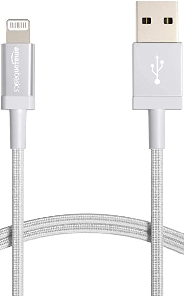 Amazon Basics New Release Nylon USB-A to Lightning Cable Cord, MFi Certified Charger for Apple iPhone, iPad,Silver, 6-Ft