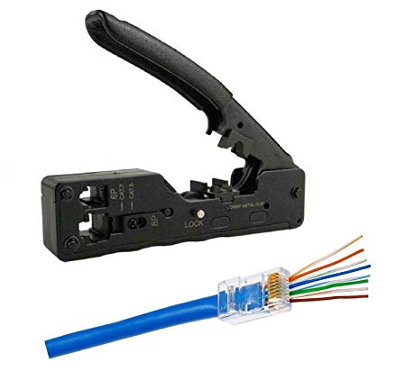 UbiGear RJ11/RJ12/RJ45 All-in-One Crimper for Pass-Through/EZ/Legacy RJ45 connectors Professional Performance Cutter Stripper CAT3/CAT5e/CAT6/CAT7 Network Cable UTP/STP Wire Crimping Tool