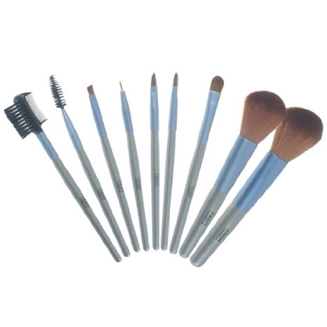 FASH Cosmetics© Professional 9 Pcs Nylon Makeup Brush Set with Blue Checkered Faux Leather Travel Pouch