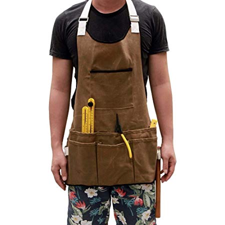 Heavy Duty Waxed Canvas Workshop Pottery Craft Carpenter Tool Apron With Eight Pockets, Thick Waterproof Utility Tool Aprons For Men And Women Christmas Gift(HSW-72) (Waxed Canvas)