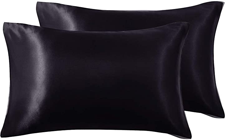 Love's cabin Silk Satin Pillowcase for Hair and Skin (Black, 20x30 inches) Slip Pillow Cases Queen Size Set of 2 - Satin Pillow Covers with Envelope Closure