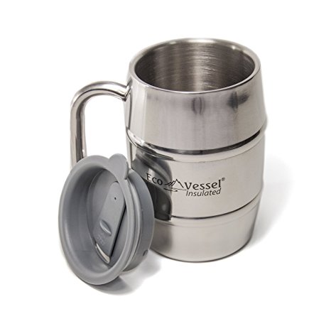 Eco Vessel Double Barrel Insulated Stainless Steel Beer/Coffee Mug with Top