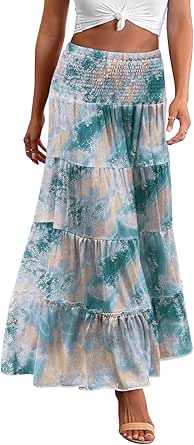 Zeagoo Women's Long Maxi Skirts Tiered Elastic High Waist Boho Double Layered Print A-Line Casual Midi Dress