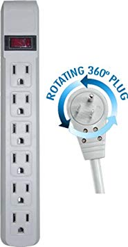 C&E CNE76027 25-Feet Surge Protector Flat Rotating Plug 6 Outlet Horizontal Outlets Plastic Power Cord, Gray