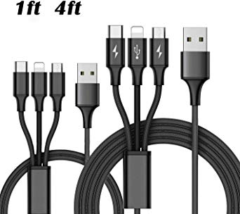 Awaqi 2 Packs 1ft 4ft Multi Charging Cable 3 in 1 Nylon Braided Multi USB Charger Fast Charging Cord Type C Micro USB 3 Connectors Compatible with Most Smart Phones & Pads (Black)