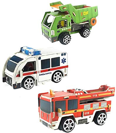 Cestari Toys Truck Stocking StuffersParty Favors : Set of 3 Pull Back 3D Puzzle Vehicle Models Educational Assembly Kit Perfect, Stocking Stuffers - Includes : Ambulance, Dump Truck, Fire Truck