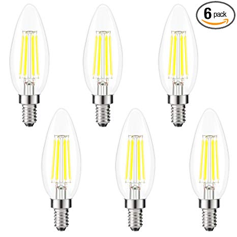 Kohree Edison Candelabra Bulb LED Filament Chandelier E12 Candle 40W Equivalent, 5000K Daylight White, Etl Listed Not-Dimmable, 6 Packs