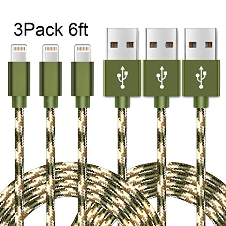 iPhone Cable,XUZOU 3Pack 6FT Nylon Braided Lightning Cable Cord Certified to USB Charging Charger for iPhone 7/7 Plus/6/6 Plus/6S/6S Plus,SE/5S/5,iPad,iPod Nano 7 (Camo Green)