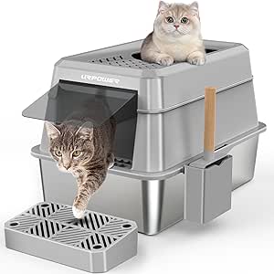 URPOWER Stainless Steel Cat Litter Box with Lid Extra Large Enclosed Litter Box for Cat Non-Sticky Metal Litter Pan High Sided Kitty Litter Box with Scoop，Front & Top Entry, Anti-Leakage，Easy Cleaning