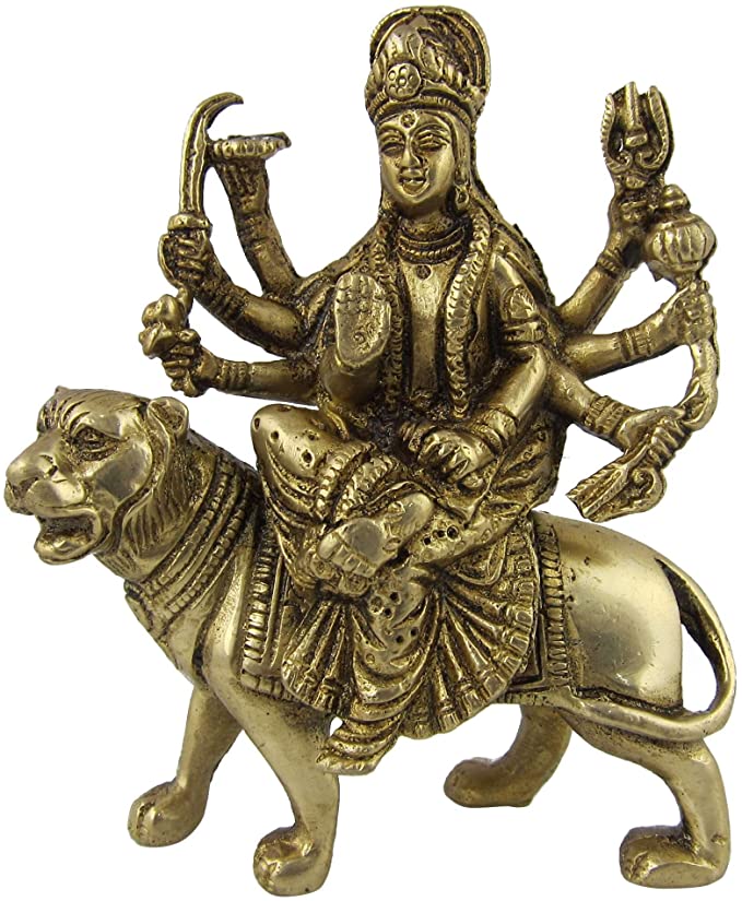 Shalinindia Antique Goddess Durga Metal Brass Sculpture, H: 5 Inches, W: 0.8 Kg