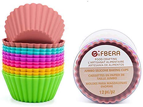 Gifbera Large Reusable Silicone Cupcake Baking Cups Jumbo Muffin Molds, 6 Colors, Pack of 12