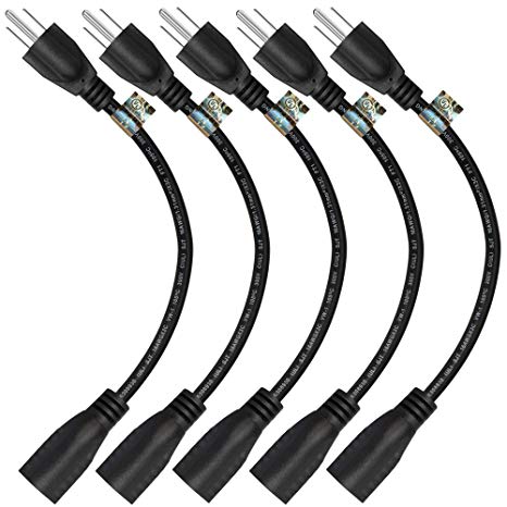 1 Foot Extension Cord - Three Prong Space Saver Short Cable, 16 AWG Thickness - 5 Pack - By Luxury Office