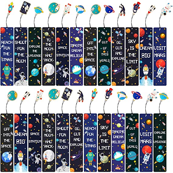 24 Pieces Space Theme Bookmarks with Metal Charms Planet Rocket Space Ship Theme Colorful Bookmarks Inspirational Quotes Bookmarks Cards for Space Party Favors Kids Boys Girls Adults Encouragement