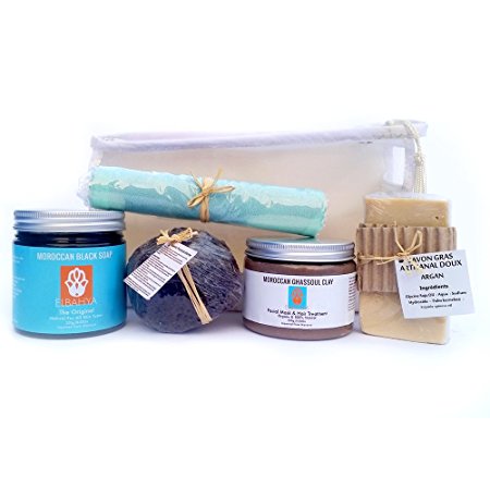 Elbahya Moroccan Hammam Kit Include (Moroccan Black Soap with Lavender, Natural Ghassoul Clay with Rose Water, Argan Bar Soap, Exfoliating Glove, Pumice Stone and Manual Guide) Perfect Gift Idea!