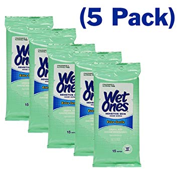 Wet Ones Wipes for Hands & Face, 20 Count Travel Pack (Pack of 5) 100 Wipes Total (Sensitive)
