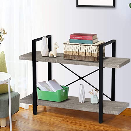 KINGSO 2-Tier Industrial Bookshelf, Rustic Wood Etagere Bookcase Open Storage Book Shelves with Metal Frame, Accent Furniture Shelving Unit for Home Office