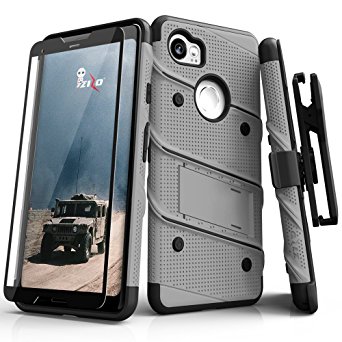 Zizo Bolt Series Google Pixel 2 XL Case - Tempered Glass Screen Protector with Holster and 12ft Military Grade Drop Tested (Gray & Black)