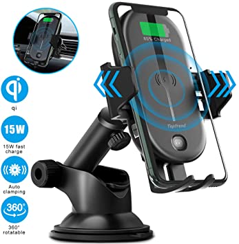 Wireless car charger mount,Qi 15W fast wireless car charger,IR control Auto-clamping Windshield Dashboard Air Vent phone mount,compatible with iPhone 11Pro/Max/XR/11/X/8,Samsung S10/S10 /S9/S9 /S8/S8