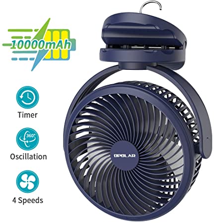 OPOLAR 10000mAh Clip on Fan, 7-Inch Battery Operated Desk Fan, 4 Speeds Portable Fan Rechargeable, Strong Wind, Time Setting , 360° Rotation,USB Fan for Bedroom Camping Tent Beach or Treadmill Car, Blue