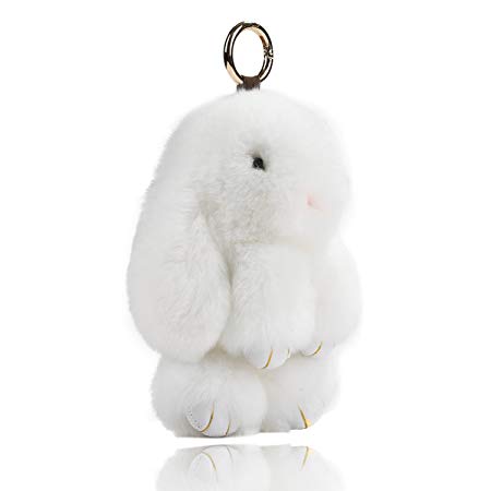 USATDD Easter Bunny Doll Keychain Soft Cute Rex Rabbit Fur Pom Pom Fluffy Plush Pendant Key chain Car Handbag Keyring Womens Gril Charms 7" (White)