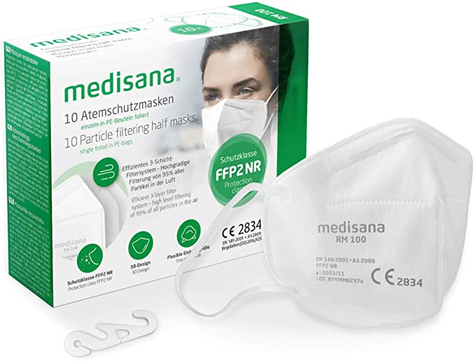 Medisana FFP2 respirator dust mask respiratory mask, RM 100, dust protection mask mouth protection mask 10 pieces individually packed in PE bag with clip - certified CE2834 - EU 2016/425