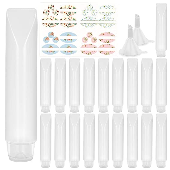 Eathtek 20PCS 1.7oz 50ML Plastic Squeeze Bottles, Empty Travel Size Containers with Flip Cap for Toiletry Accessories Shampoo and Lotion(24 Labels and 2 Funnels Included)