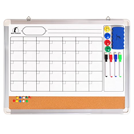 Whiteboard Monthly Wall Calendar Set - Magnetic Planner Dry Erase / Cork Board 24 x 18"   1 Magnetic Eraser, 4 Colourful Dry Wipe Markers, 4 Magnets and 10 Pins - Small White Bulletin Board