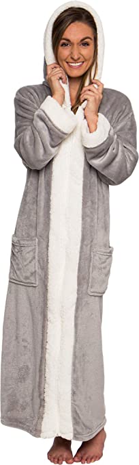 Silver Lilly Womens Zippered Sherpa Trim Fleece Robe with Hood - Warm Plush Luxury Bathrobe