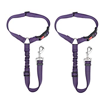 SlowTon Dog Seatbelt, 2 Pack Pet Car Seatbelt Headrest Restraint Adjustable Puppy Safety Seat Belt Reflective with Elastic Bungee Connect with Dog Harness in Vehicle for Travel Daily Use (Purple)