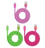 Qable Powerz Hi-Speed Braided Flat Noodle Lightning USB 6 Feet for iPhone 6 iPhone 6 Plus iPhone 5 iPhone 5C iPhone 5S iPad 4 iPad Mini iPad Air iPad Air 2 iPod Touch 5th Gen iPod Nano 7th Gen Pink  Green  HotPink3 Pack