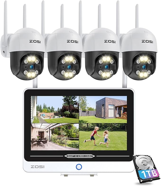 ZOSI 3MP Wireless PTZ Security Camera System with 12.5'' Monitor, 8CH NVR Wireless CCTV System, 4X3MP PTZ WiFi Camera Outdoor| Color Night Vision| Motion detection| 2-Way Audio| Remote Access