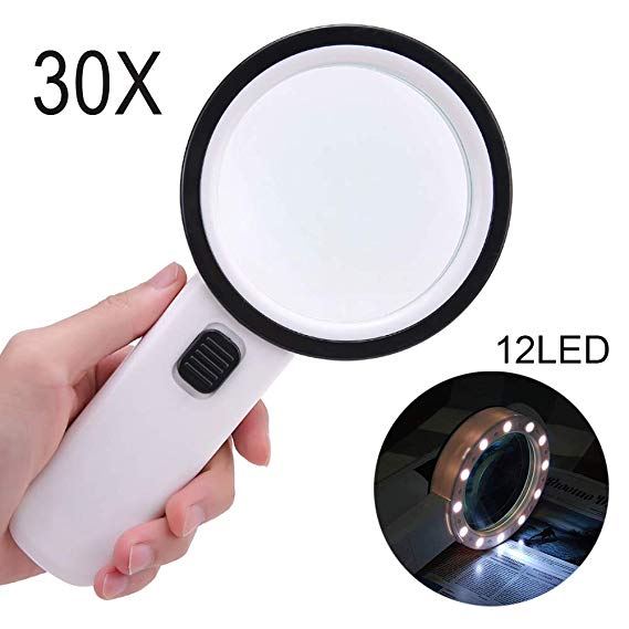 30X Magnifying Glass with 12 LED Lights, Extra Large Handheld Illuminated Magnifier for Seniors Reading, Exploring, Hobbies, Inspection, Macular Degeneration